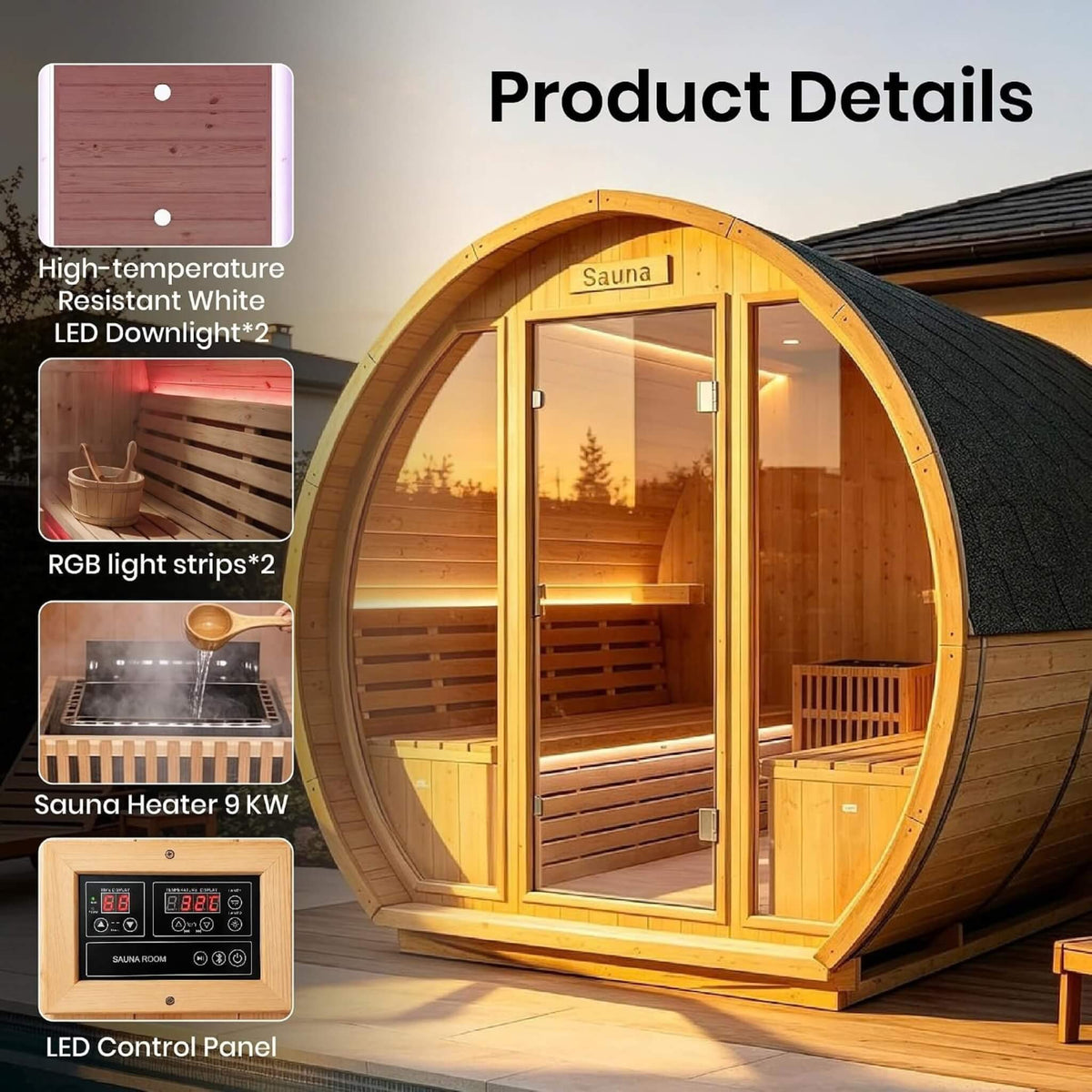 Varenna 6-Person Outdoor Traditional Carbonized Spruce Barrel Sauna (SAK14672)